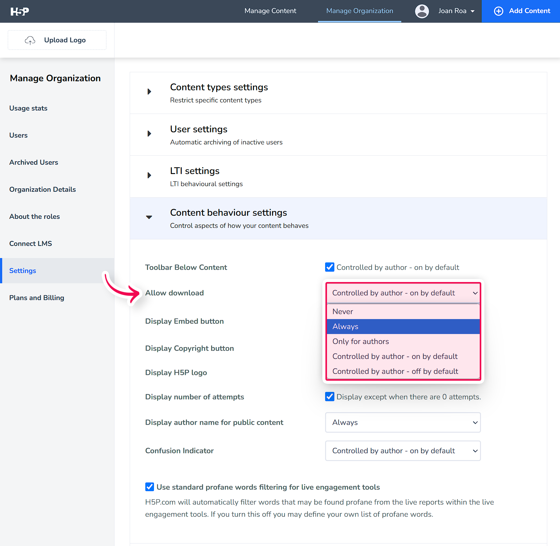 Content behaviour settings inside manage organization showing download options.png