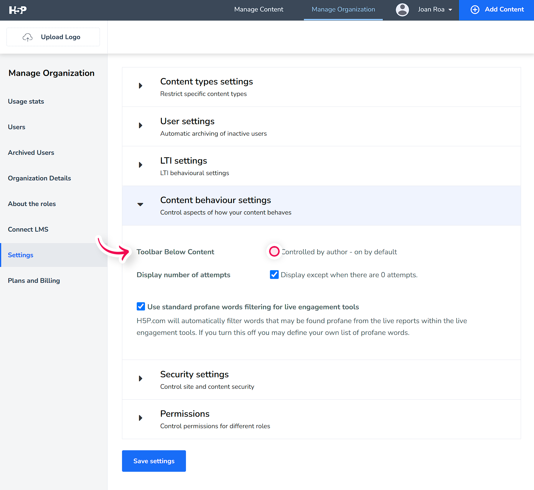 Content behaviour settings inside manage organization with toolbar disabled.png