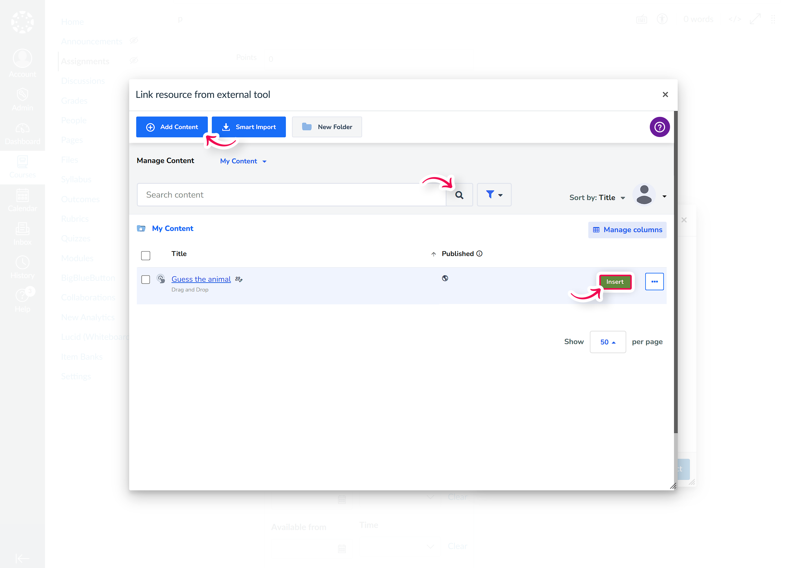 H5P library in the pop-up with the insert button highlighted in Canvas.png