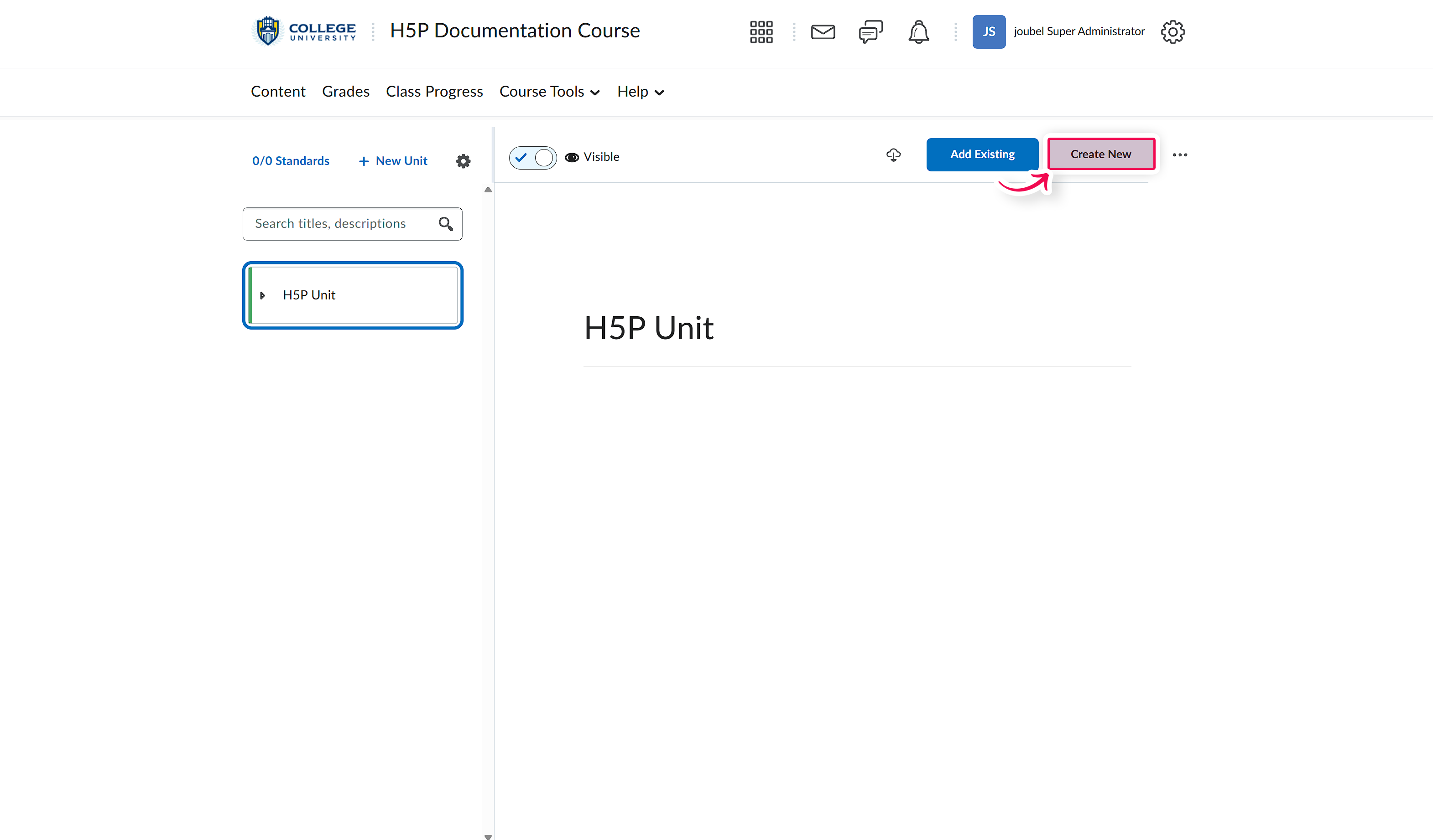 Course view in Brightspace Create new Button highlighted.png