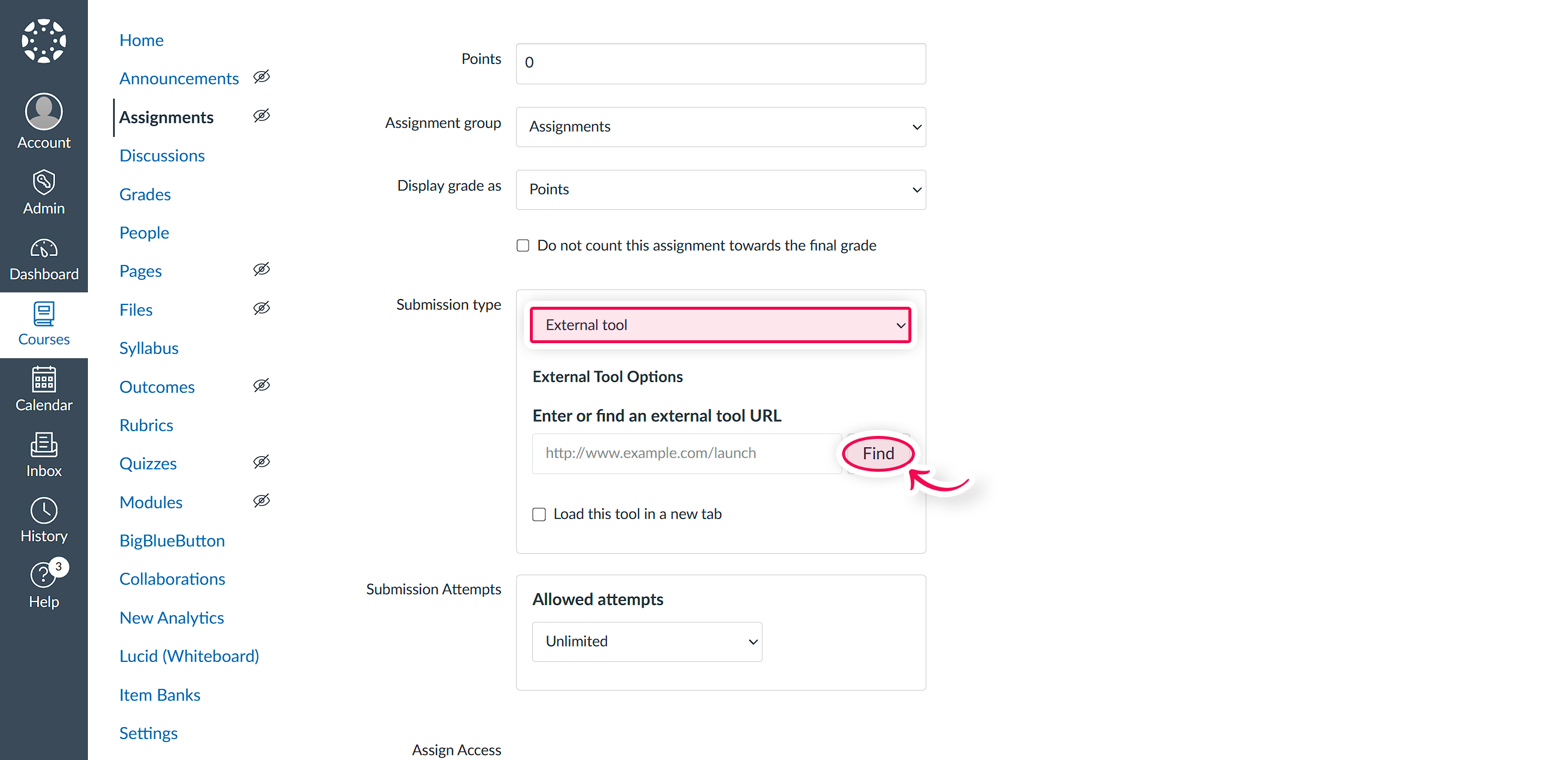 Assignment editor showing the external tool method inside the submission type.png