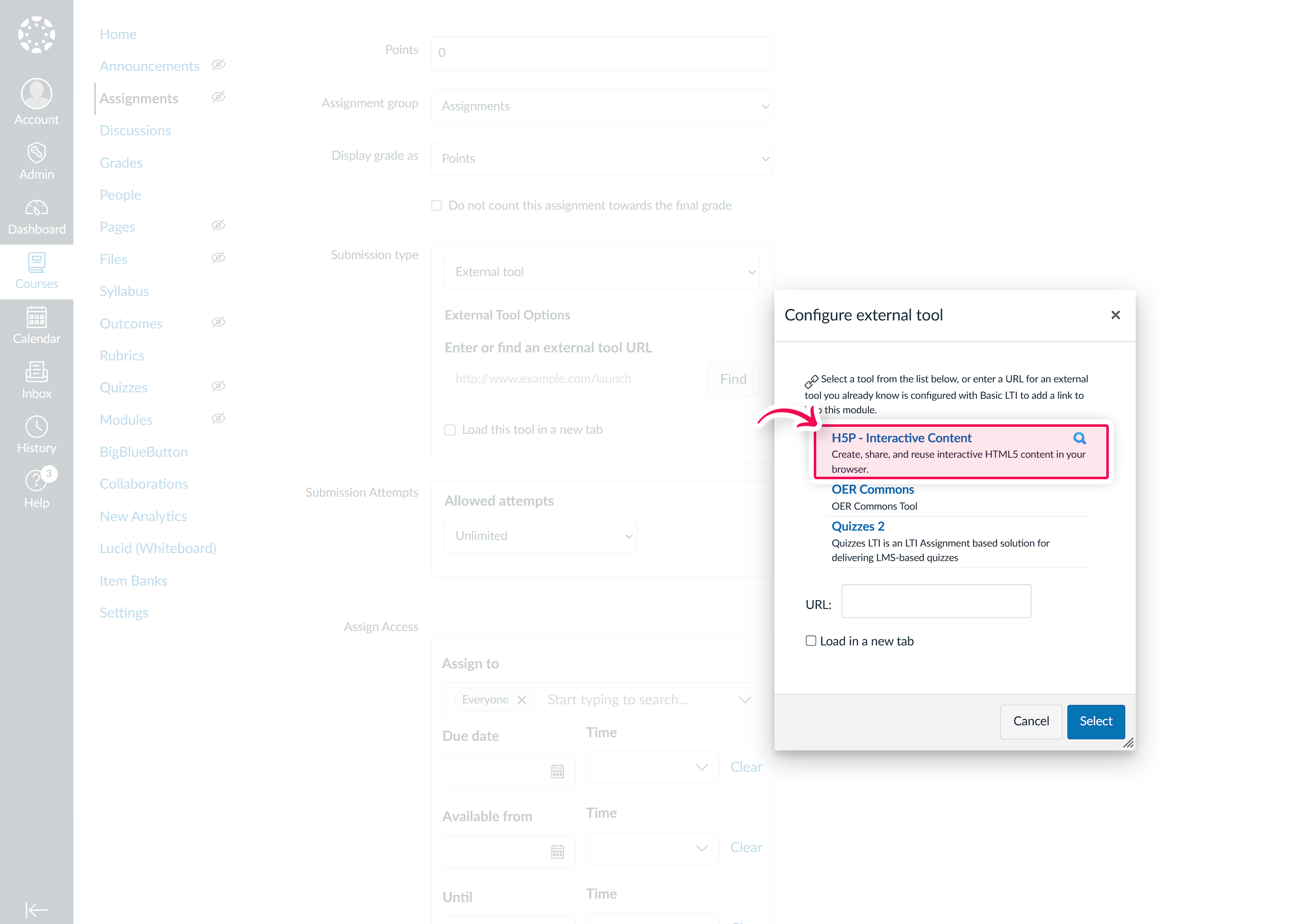 Pop-up showing the list of the installed apps with the H5P tool highlighted.png