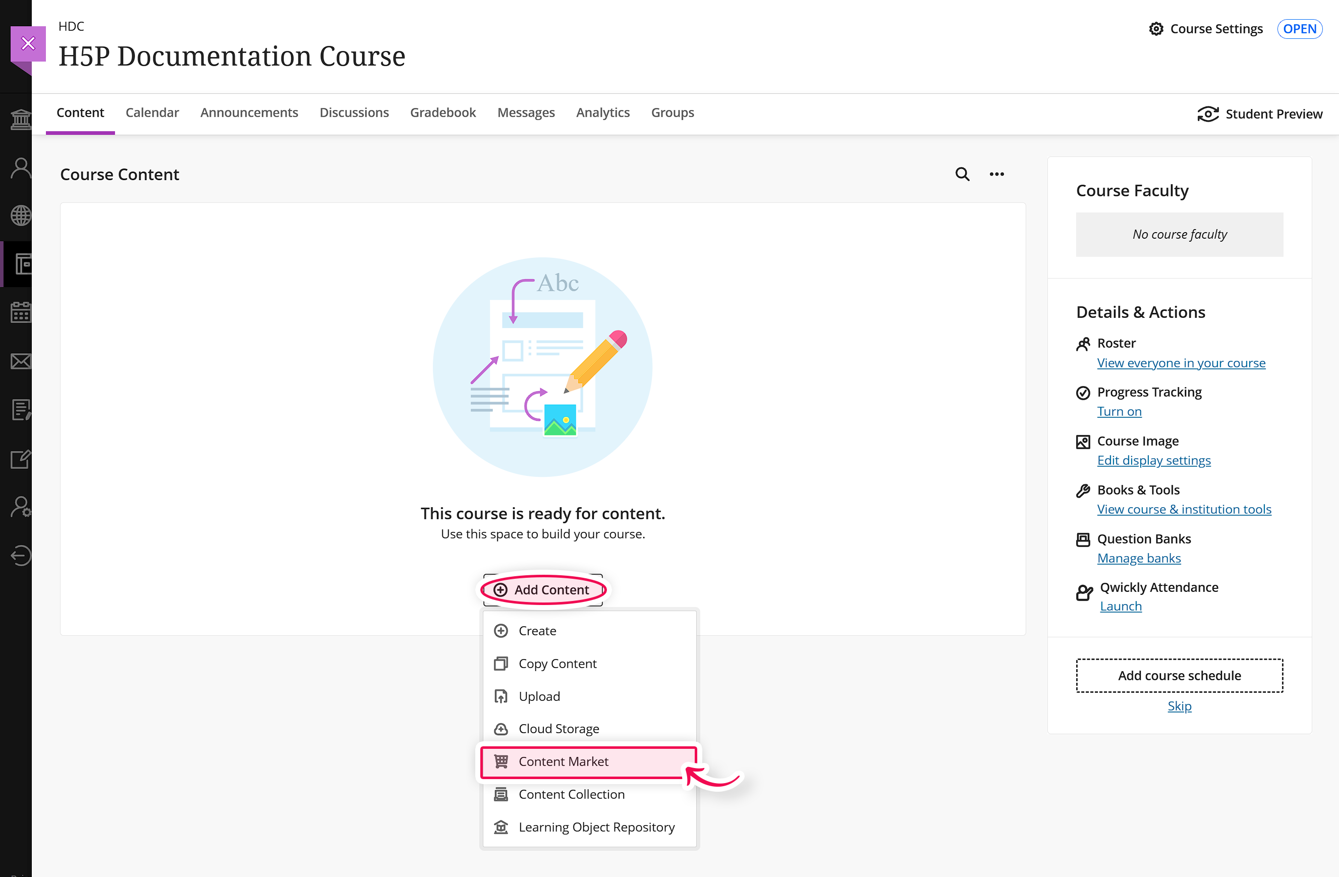 Course view in Blackboard with add content button highlighted.png
