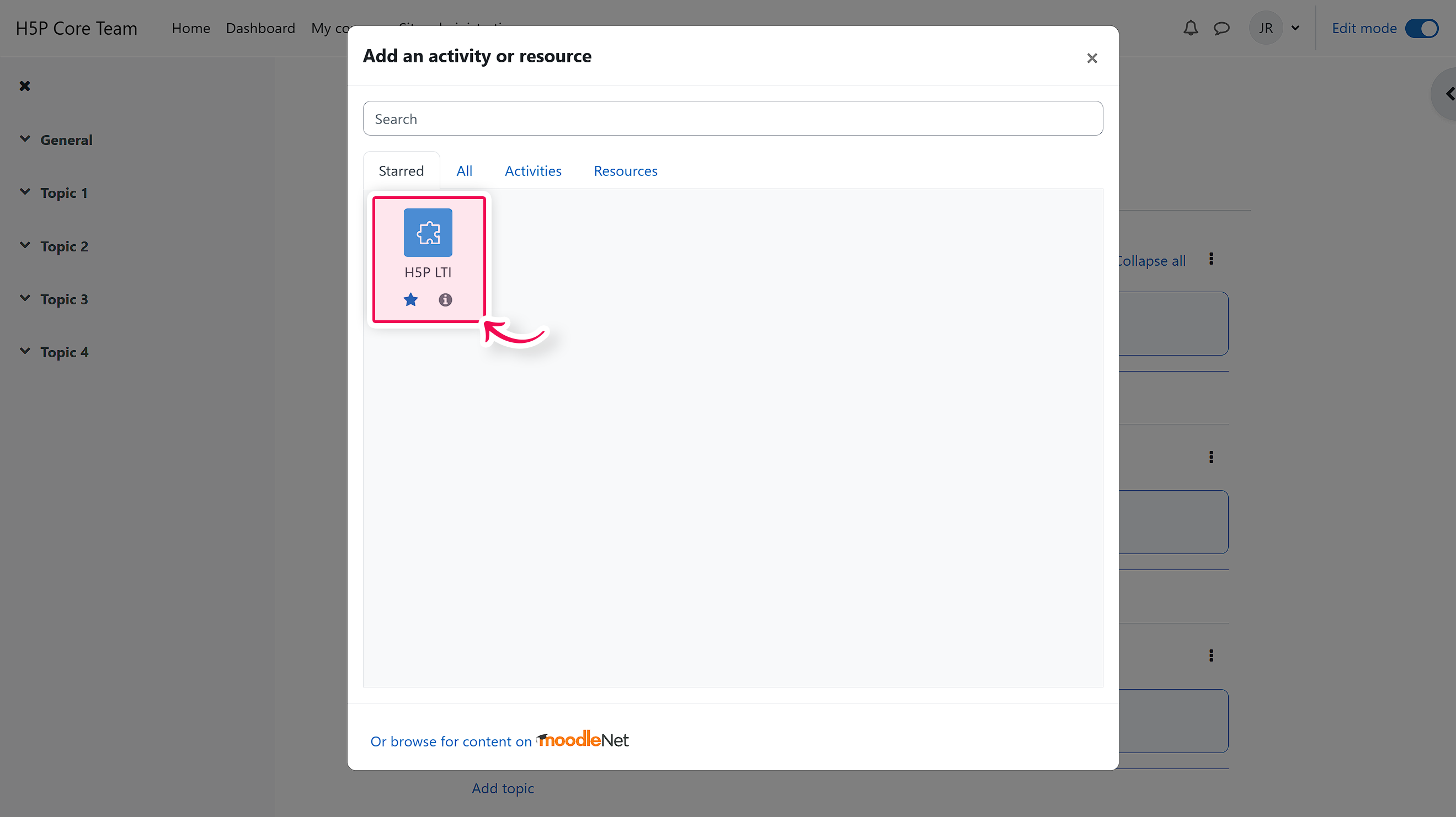 Pop-up showing the installed apps with the H5P tool highlighted on Moodle.png