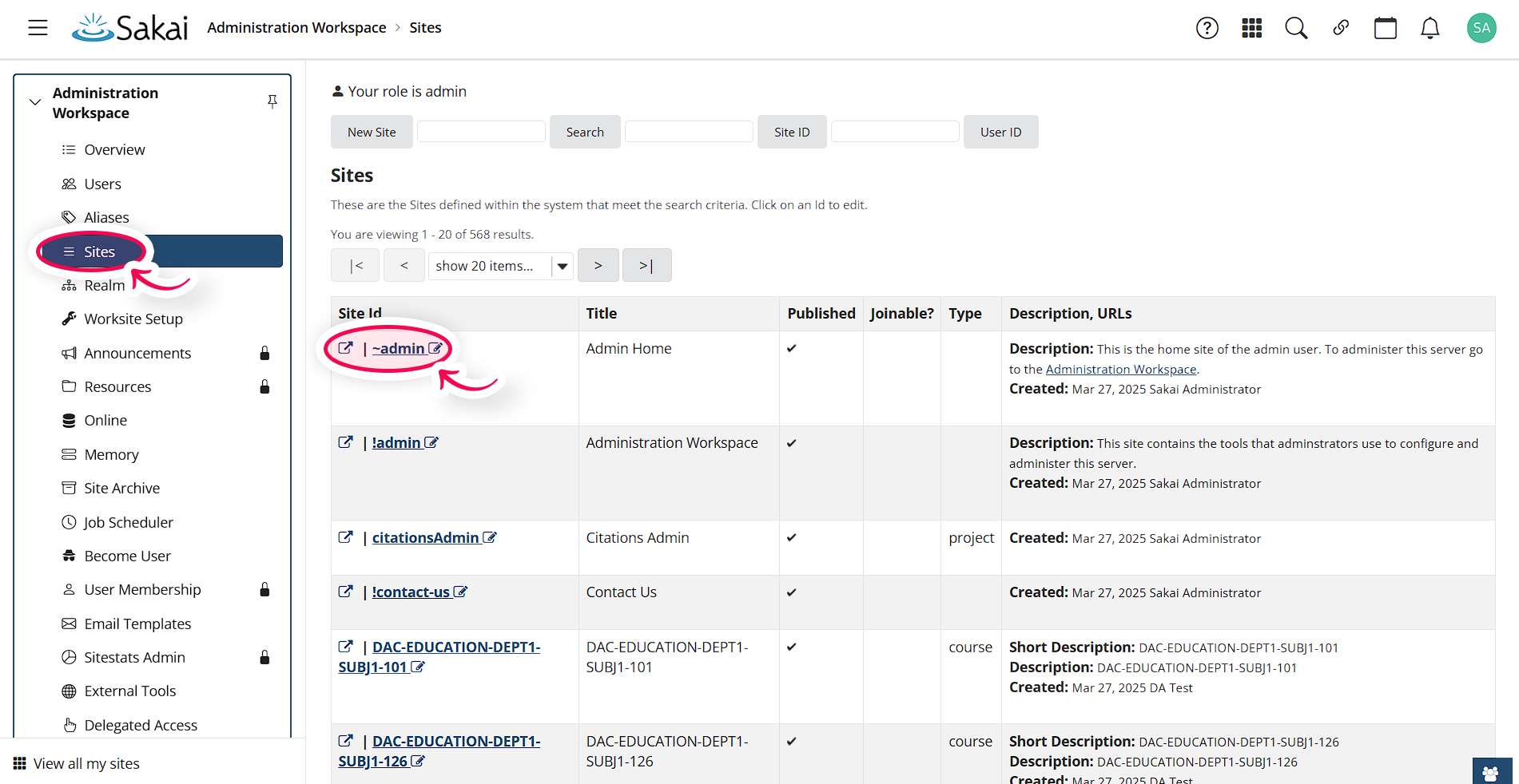 Sites highlighted in Sakai.png