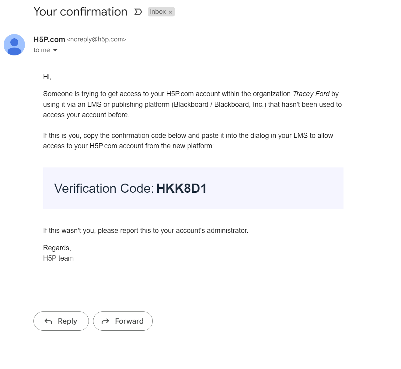 Email showing the Verification Code
