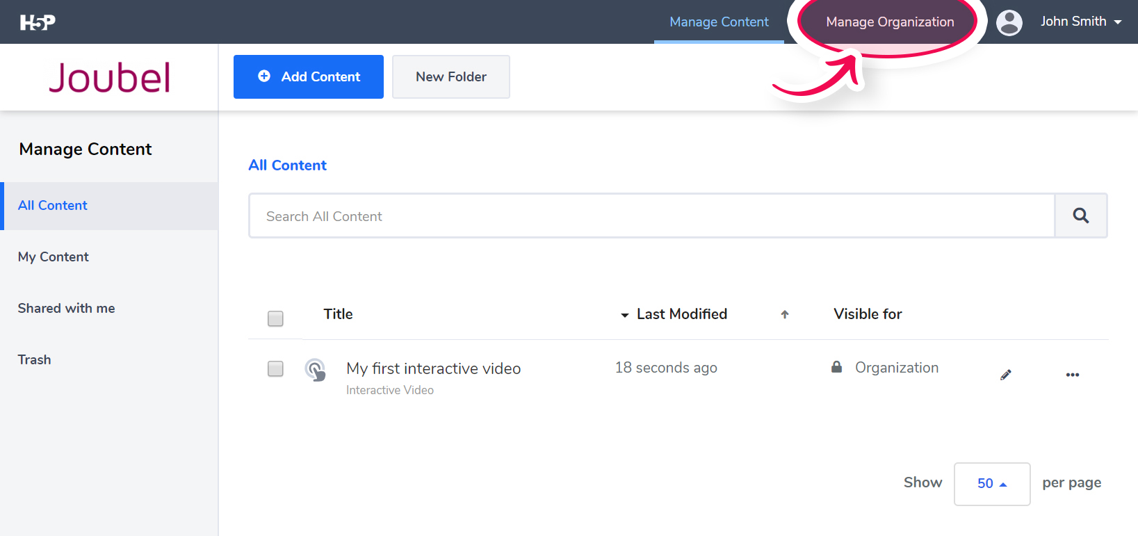 Manage Organization section inside H5P