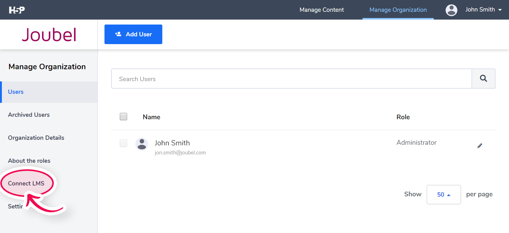 Connect LMS section inside Manage Organization