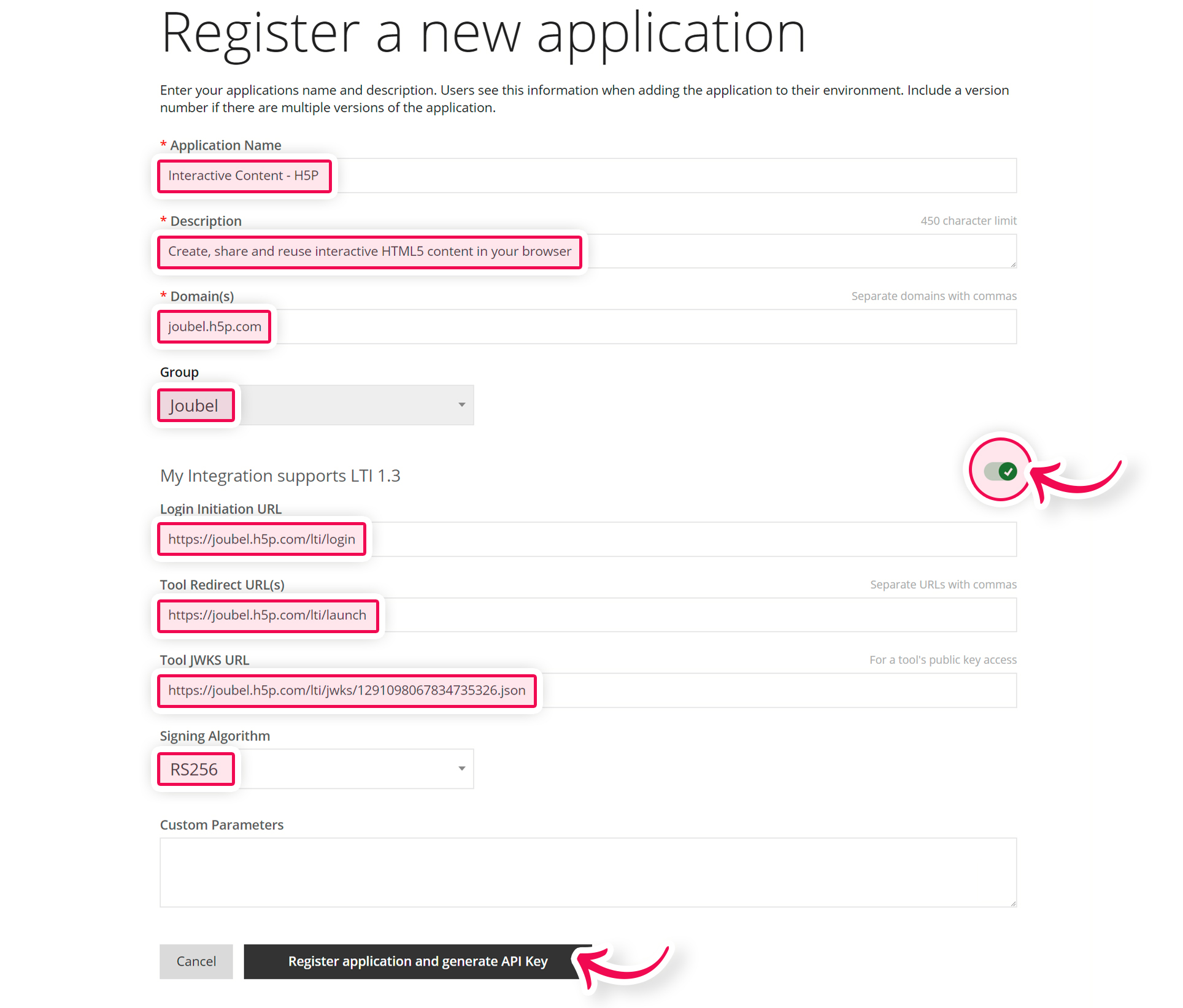 Fill the form using the information form H5P