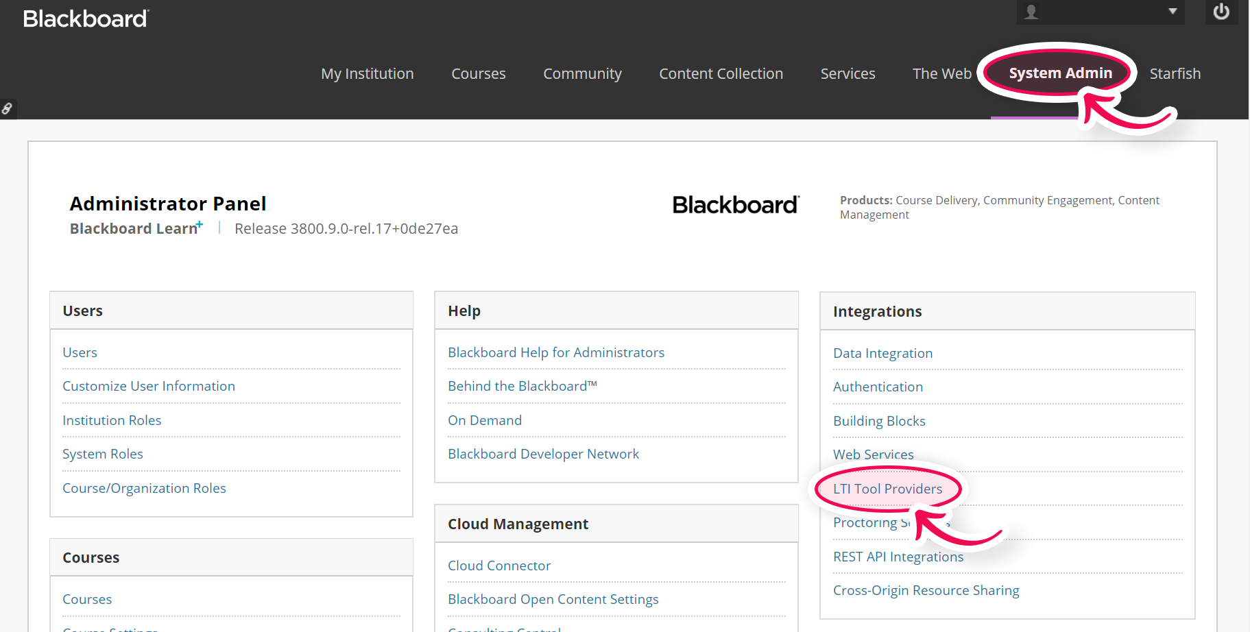 LTI tool provider section inside System Admin in Blackboard