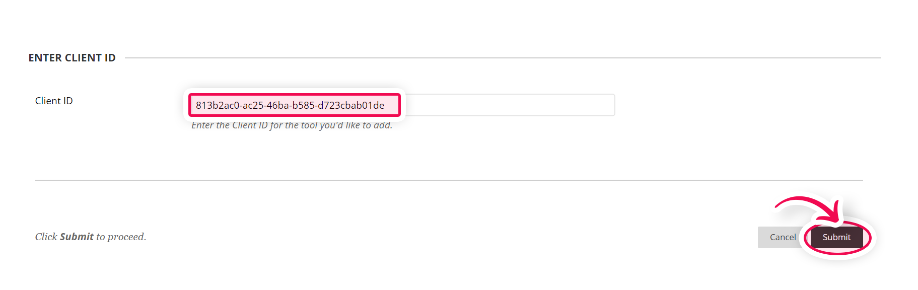 Section where the Client ID must be filled and submitted
