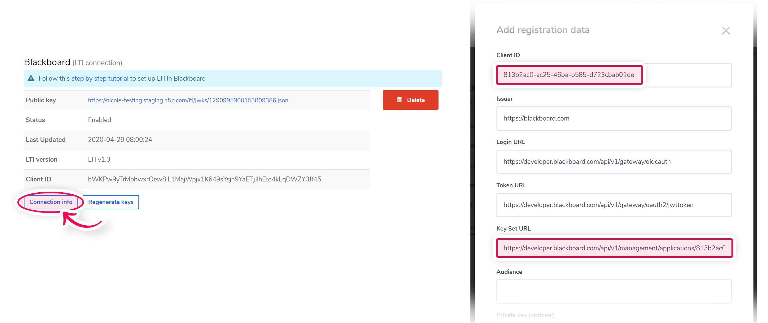 Connection info section in H5P needs to be filled
