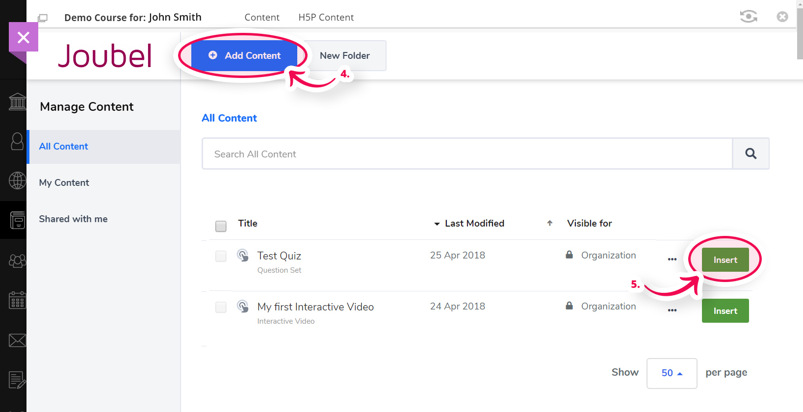 Add content and insert an H5P in Blackboard