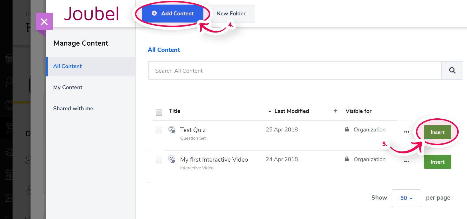 Select Insert to insert content into the Blackboard course